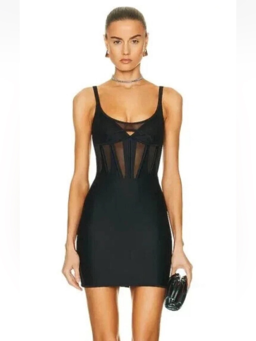 New Mugler x H&M Sz Lg Corset Mini Dress Black Bodycon Sheer